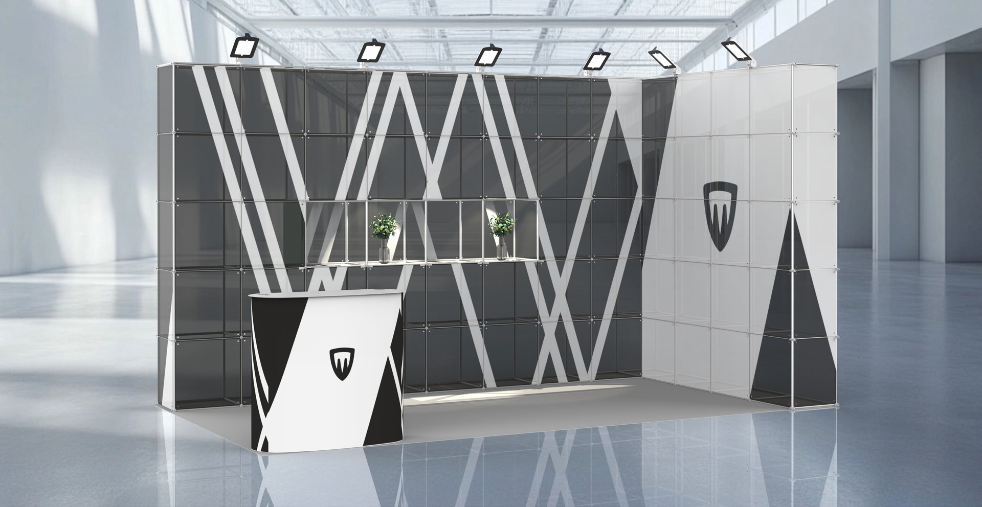 poliquadrqa1 Stand de exposición con estanterías y nichos de exposición